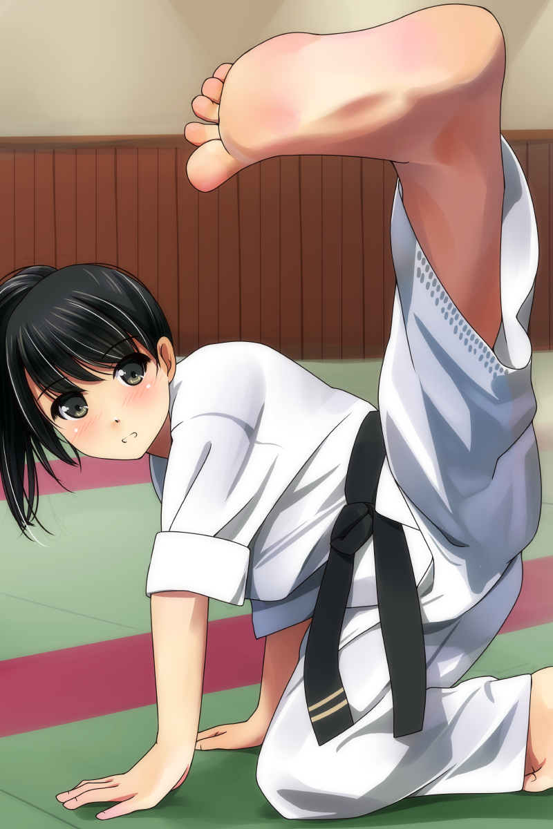 1girl, arm_support, bangs, barefoot, black_belt, black_hair, blush, eyebrows_visible_through_hair, feet, foreshortening, green_eyes, highres, indoors, judo, kicking, leg_up, legs_apart, looking_at_viewer, matsunaga_kouyou, open_mouth, original, outstretched_leg, ponytail, short_hair, short_sleeves, soles, solo, tareme, toes
