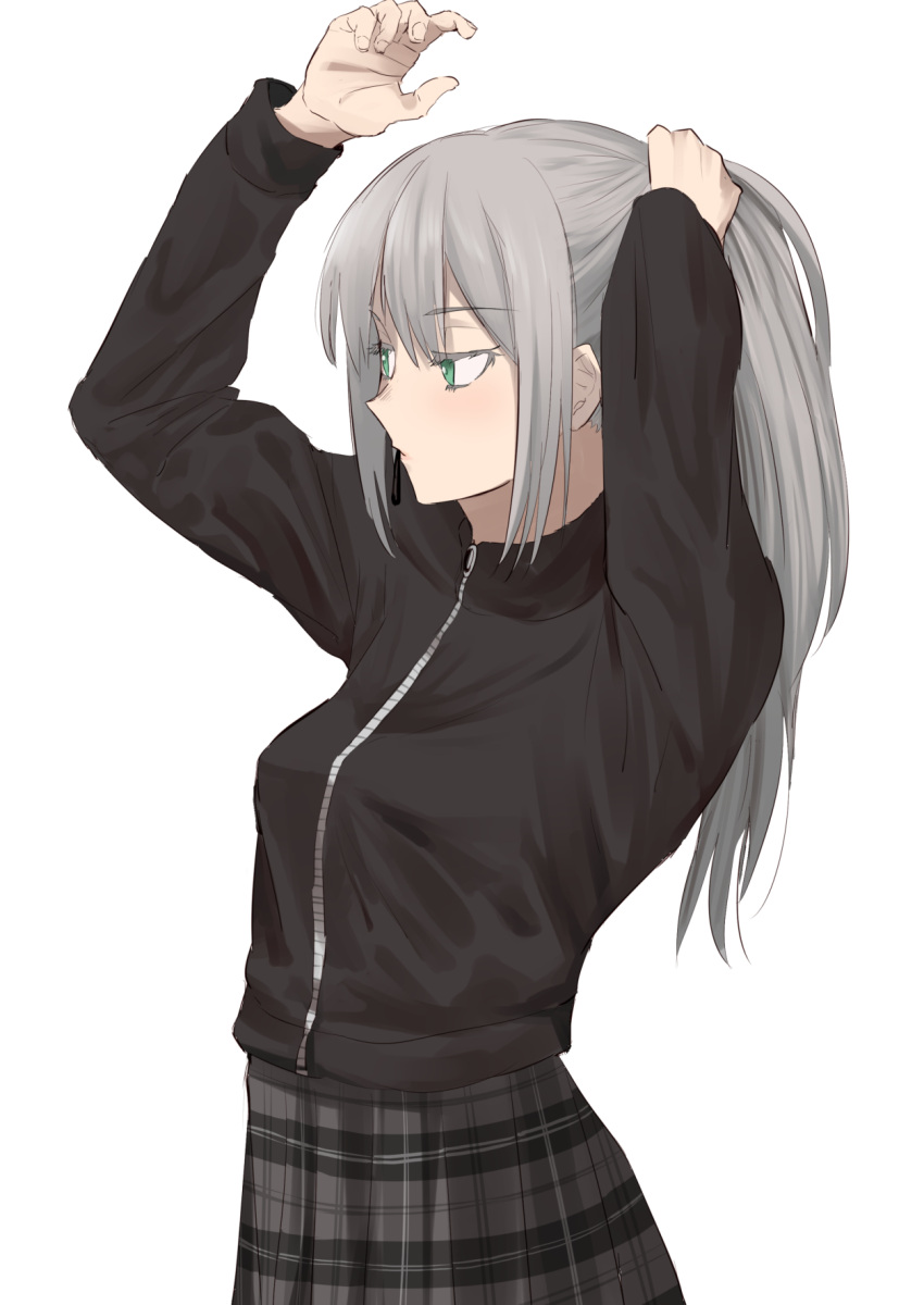 1girl, aqua_eyes, benbe, breasts, gray_(lord_el-melloi_ii), grey_hair, highres, jacket