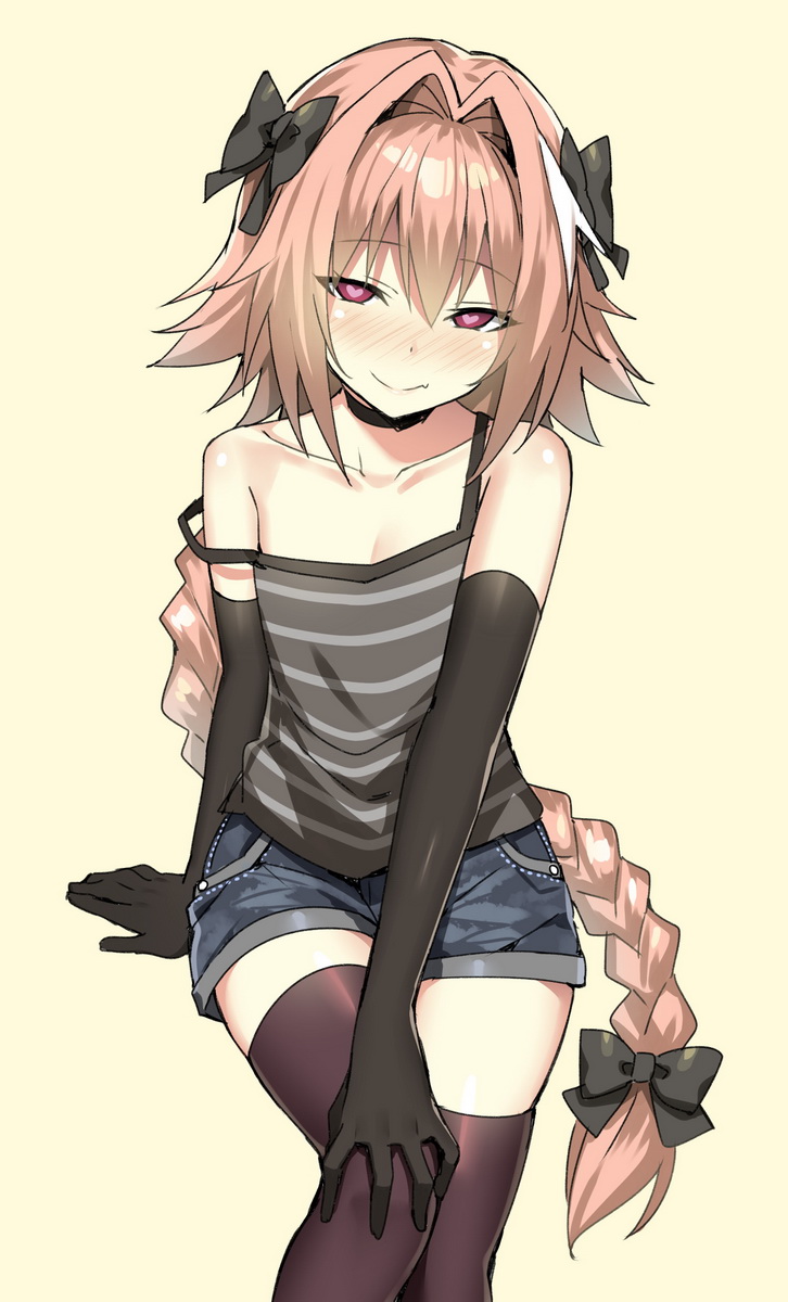 1boy, bangs, bare_shoulders, black_bow, black_gloves, black_legwear, black_neckwear, blush
