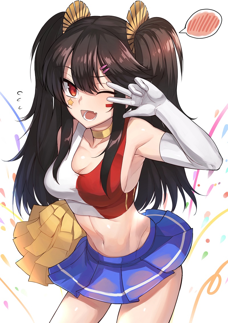 1girl, ;d, alternate_costume, alternate_hairstyle, armpits, bare_shoulders, black_hair, blush