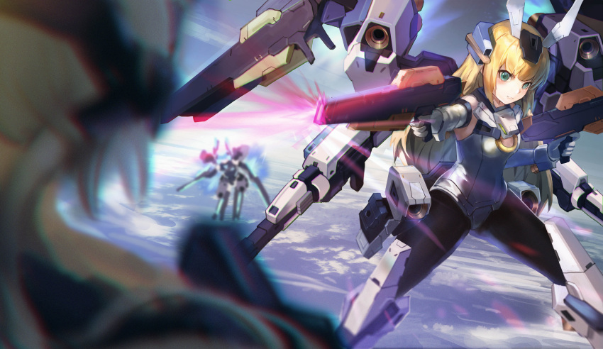 1girl, 3girls, absurdres, aiming, bangs, baselard, black_legwear, blonde_hair