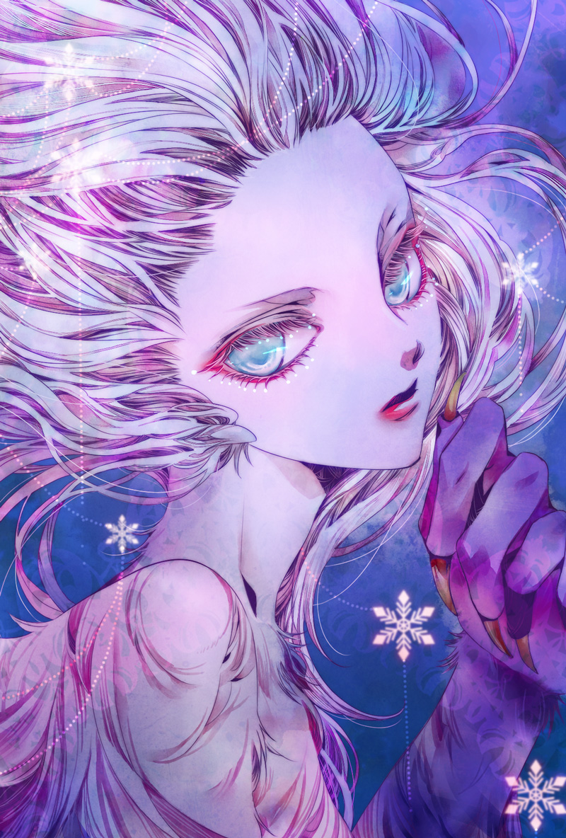 1girl, blue_background, blue_eyes, claws, colored_eyelashes, eyebrows, eyelashes, facing_away
