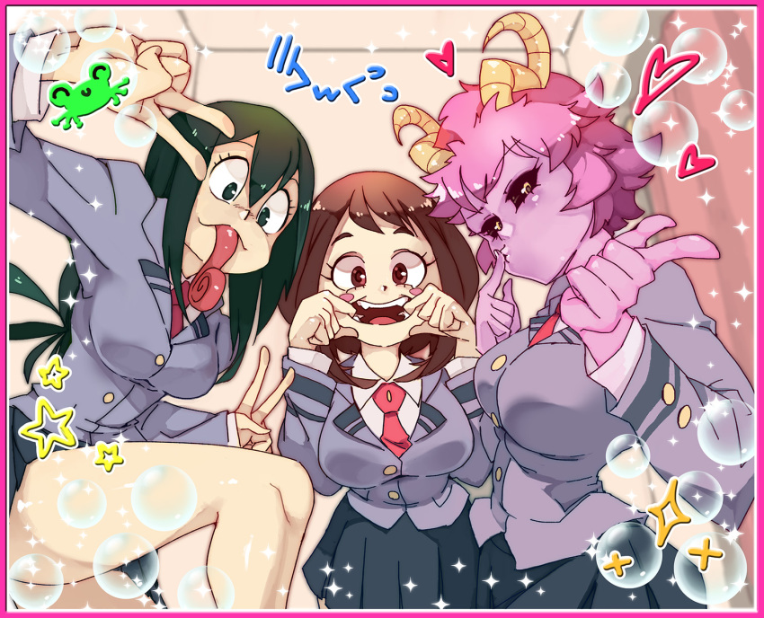 3girls, ashido_mina, asui_tsuyu, black_sclera, boku_no_hero_academia, brown_eyes, brown_hair, bubble, cheek_pull, double_v, finger_to_mouth, frog, green_eyes, green_hair, highres, horns, long_hair, long_tongue, low-tied_long_hair, multiple_girls, necktie, o3o, photo_booth, pink_hair, rtil, school_uniform, skirt, smile, sparkle, spiky_hair, star, tongue, tongue_out, uraraka_ochako, v, yellow_eyes
