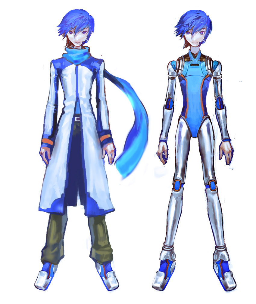 1boy, android, arms_at_sides, bangs, blue_eyes, blue_hair, blue_scarf, bright_pupils