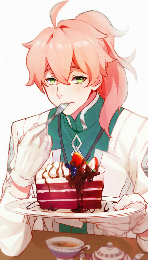 1boy, blurry, blush, cake, chocolate_syrup, cup, depth_of_field, eating, fate/grand_order, fate_(series), food, fork, fruit, gloves, green_eyes, holding, holding_plate, long_hair, male_focus, pink_hair, plate, ponytail, red_velvet, red_velvet_cake, romani_akiman, teacup, white_gloves, www_(1184187582)