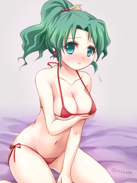 1girl, alternate_costume, aqua_eyes, bare_shoulders, bed_sheet, bikini, blush, breast_hold, breasts, cleavage, collarbone, earrings, embarrassed, eyebrows_visible_through_hair, eyelashes, final_fantasy, final_fantasy_vi, flying_sweatdrops, green_hair, groin, hair_intakes, hair_ornament, high_ponytail, jewelry, long_hair, medium_breasts, micro_bikini, navel, nise_(nisej), nose_blush, parted_lips, red_bikini, side-tie_bikini, sitting, solo, swimsuit, tareme, tina_branford, twitter_username, under_boob, wariza, wavy_hair