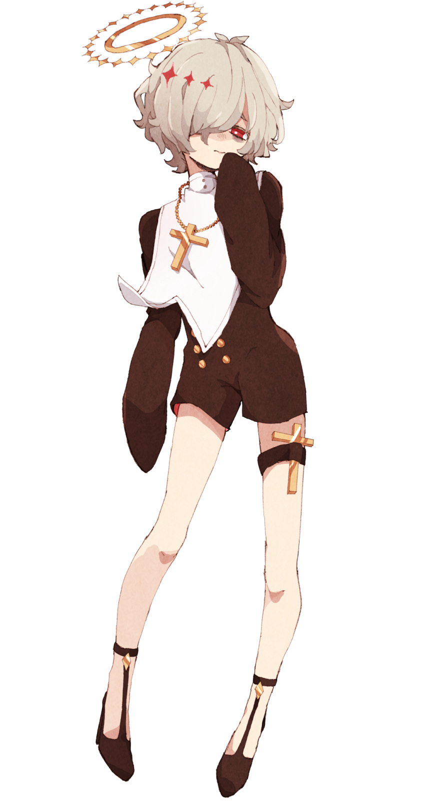 1boy, bags_under_eyes, cross, cross_necklace, full_body, hair_over_one_eye, halo, highres