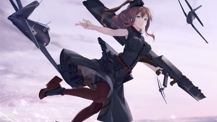 10s, 1girl, aircraft, airplane, black_border, black_dress, blue_eyes, border