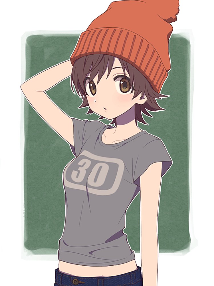 1girl, arm_at_side, arm_up, beanie, breasts, brown_eyes, brown_hair, cosplay, crossover, denim, expressionless, hat, honda_mio, idolmaster, idolmaster_cinderella_girls, looking_at_viewer, midriff, mizuki_(pokemon_sm), mizuki_(pokemon_sm)_(cosplay), outside_border, pokemon, pokemon_(game), shirt, short_hair, simple_background, small_breasts, solo, t-shirt, unini_99