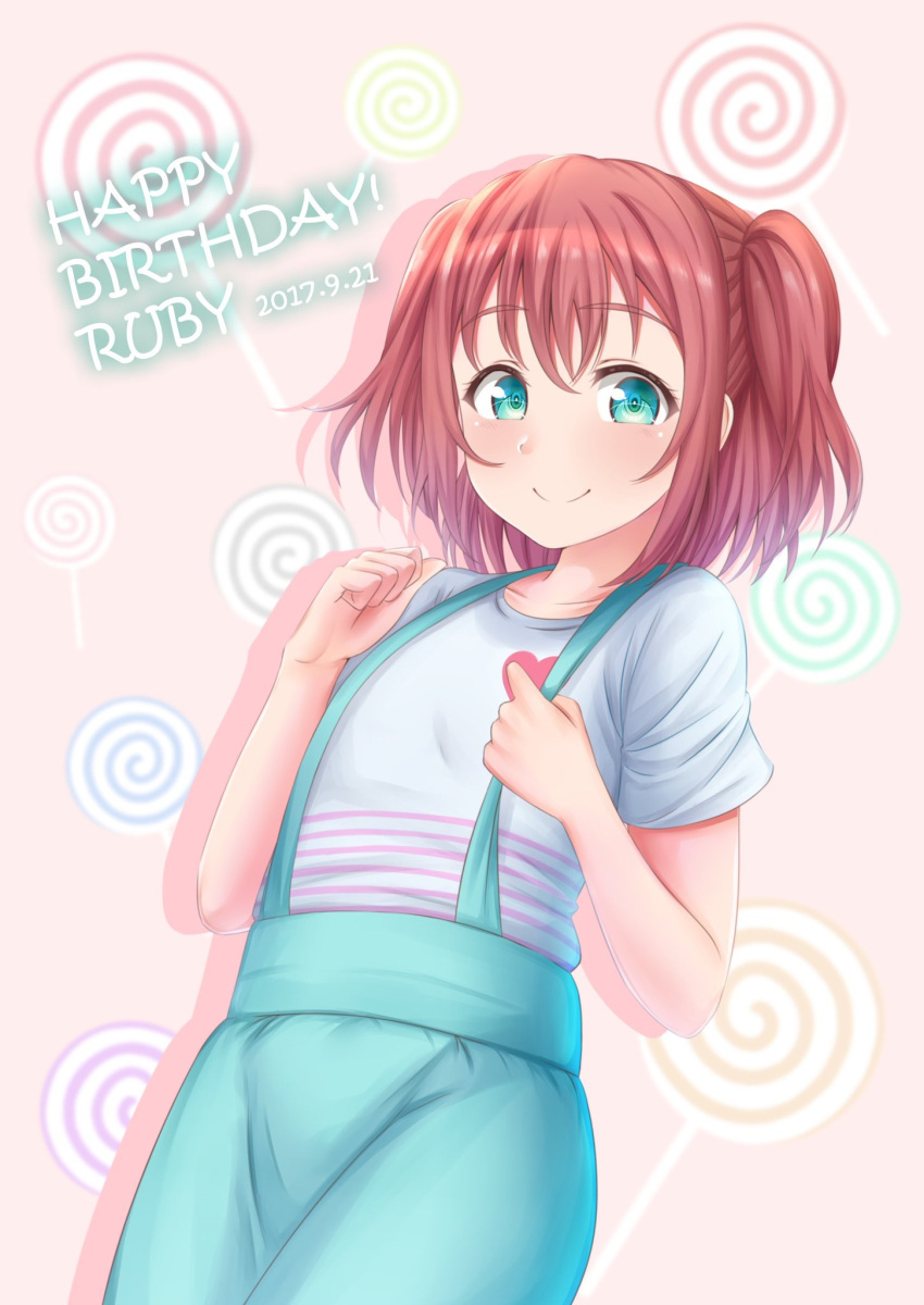 1girl, aqua_eyes, bangs, blue_pants, blue_shirt, bright_pupils, candy, character_name