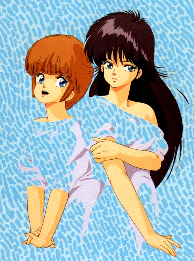 80s, ayukawa_madoka, black_hair, blue_background, blue_eyes, grabbing_own_arm, green_eyes, hands_together