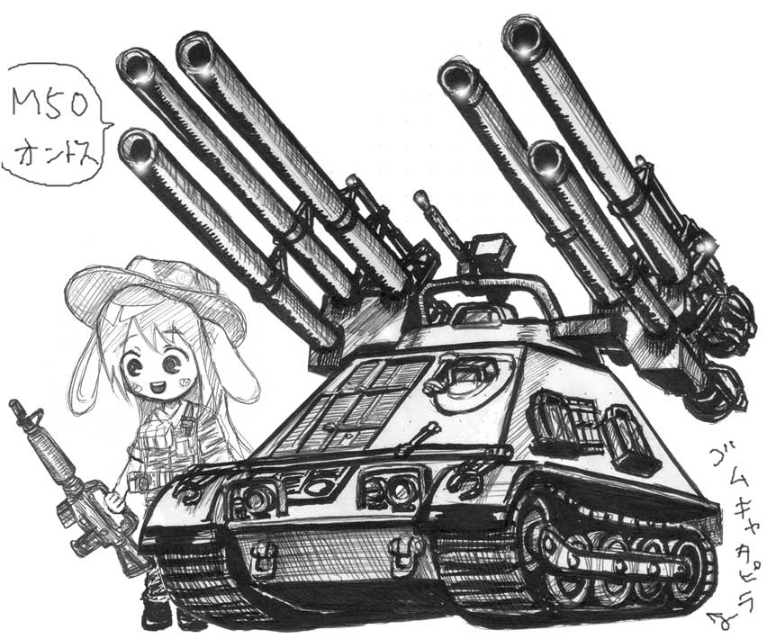1girl, assault_rifle, camouflage, chibi, graphite_(medium), ground_vehicle, gun, happy, hat, m16, m50_ontos, machine_gun, military, military_uniform, military_vehicle, mitsuwo_kouki, monochrome, motor_vehicle, recoilless_rifle, rifle, scan, self-propelled_gun, sketch, soldier, tank, traditional_media, uniform, weapon