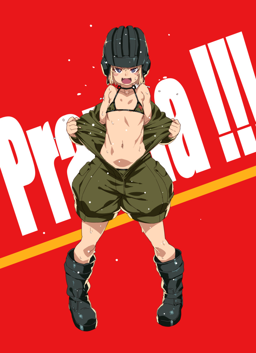 1girl, bangs, bikini, black_footwear, blonde_hair, blue_eyes, blush_stickers, boots, dripping, emblem, fang, flat_chest, flying_sweatdrops, full_body, girls_und_panzer, green_bikini, green_jumpsuit, helmet, highres, katyusha, long_sleeves, looking_at_viewer, micro_bikini, military, military_uniform, open_clothes, open_mouth, red_background, short_hair, short_jumpsuit, smile, solo, standing, sweat, sweating, sweating_profusely, swimsuit, tasaka_shinnosuke, uniform, wet