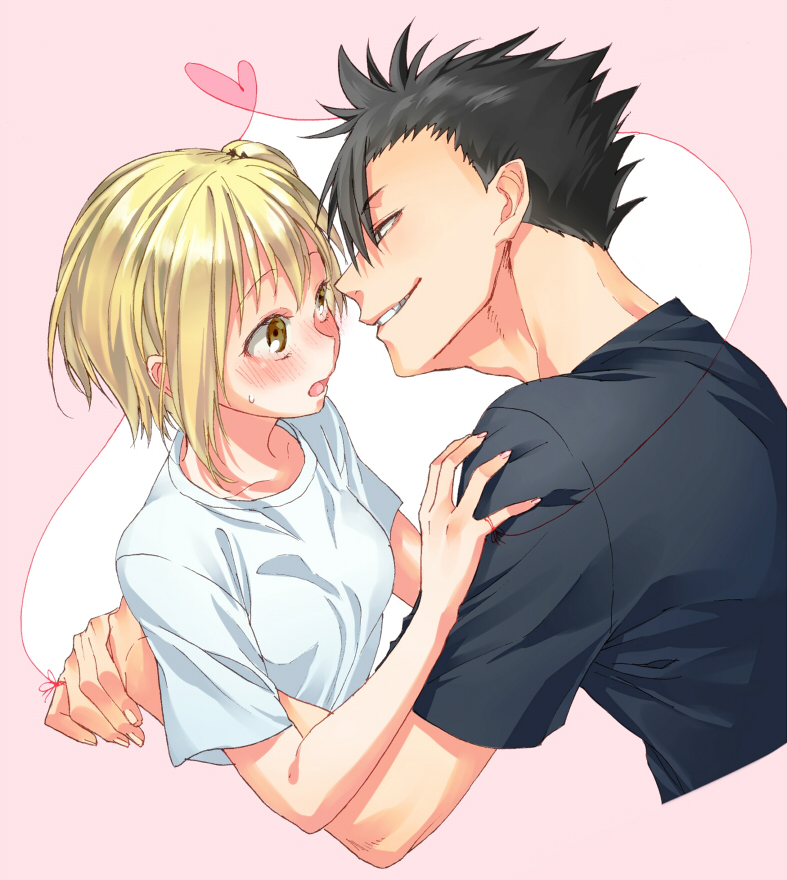 1boy, 1girl, bangs, black_shirt, blonde_hair, blush, brown_eyes, eye_contact