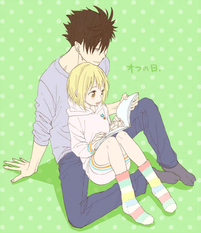 1boy, 1girl, bangs, black_hair, blonde_hair, blush, brown_eyes, dress
