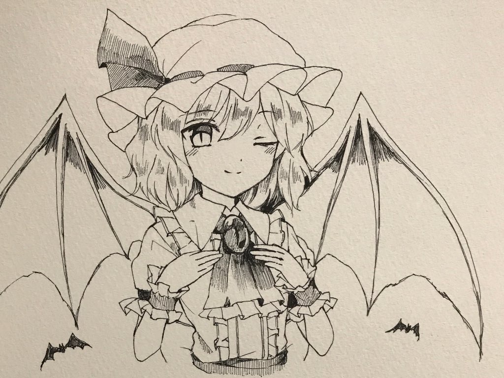 1girl, ;), ascot, bat, bat_wings, brooch, dress, hat