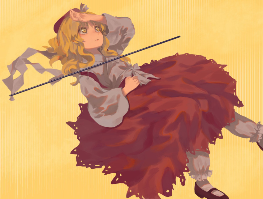 1girl, bangs, berabou, black_footwear, blonde_hair, closed_mouth, detached_sleeves, expressionless