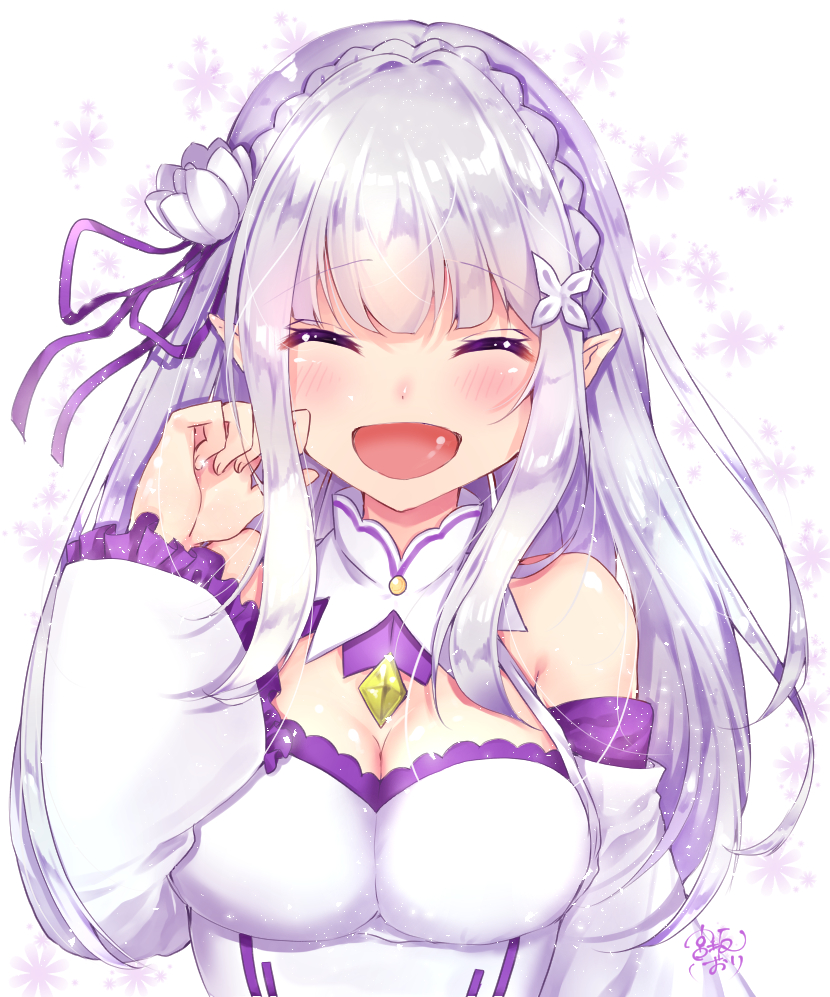1girl, blush, breasts, cleavage, closed_eyes, emilia_(re:zero), eyebrows_visible_through_hair, facing_viewer