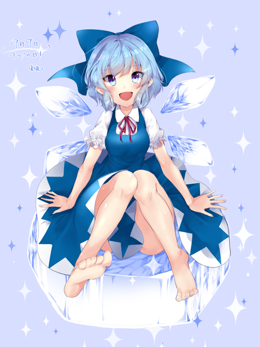 alternate_breast_size, barefoot, blue_bow, blue_eyes, blue_hair, blush, bow, breasts