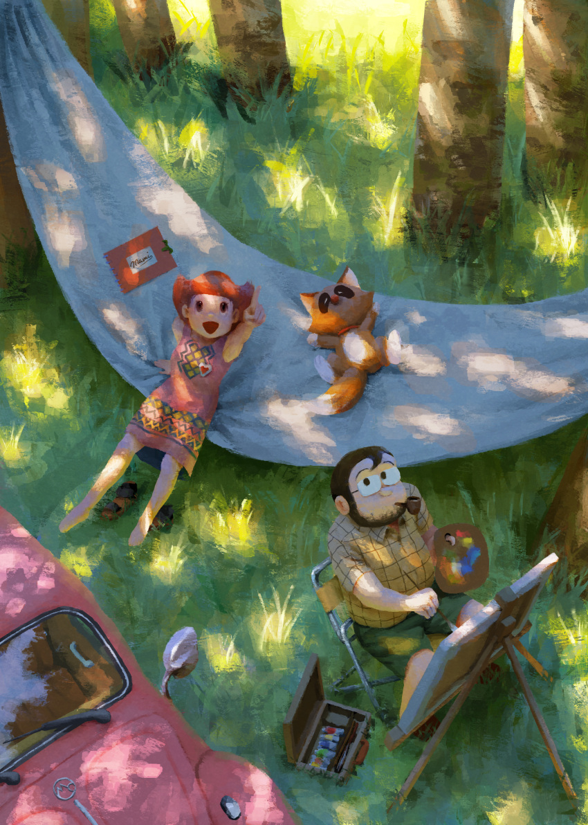 1boy, 1girl, absurdres, animal, barefoot, beard, brown_eyes, brown_footwear