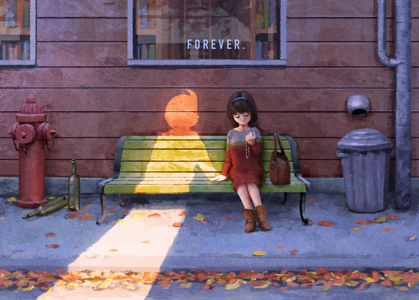 1girl, autumn_leaves, bag, bench, bookshelf, boots, bottle, brown_footwear, brown_hair, closed_eyes, closed_mouth, day, english, fire_hydrant, full_body, hairband, highres, holding, hoshino_sumire, ladder, outdoors, perman_(series), short_hair, silhouette, sitting, smile, suwa_mitsuo, trash_can, window, wiruro