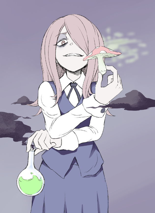 1girl, bags_under_eyes, bright_pupils, collared_shirt, crossed_arms, foreshortening, hair_over_one_eye, half-closed_eye, holding, liquid, little_witch_academia, long_hair, long_sleeves, looking_at_viewer, mushroom, orinpachu, pale_skin, pink_hair, purple_background, purple_skirt, purple_vest, red_eyes, shirt, simple_background, skirt, sleeve_cuffs, smell, smoke, solo, sucy_manbavaran, upper_body, vest, white_shirt, wing_collar, x_arms
