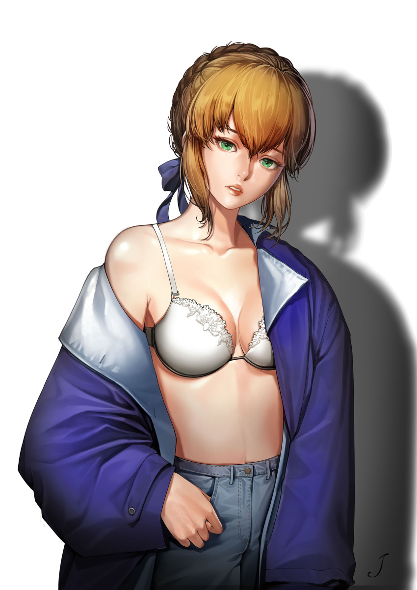 1girl, artoria_pendragon_(all), blonde_hair, blue_bow, bow, bra, breasts, cleavage