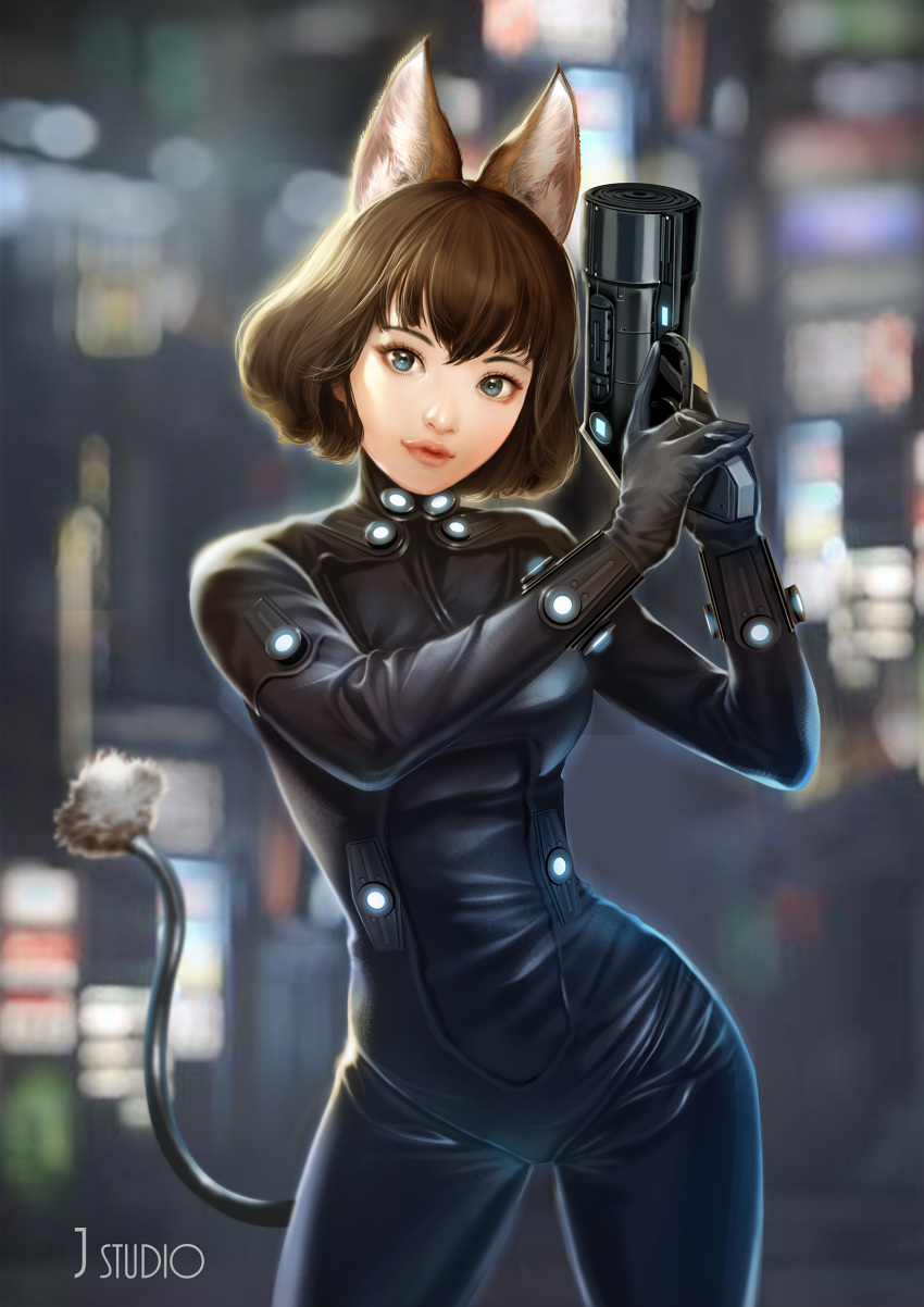 1girl, animal_ears, blue_eyes, blush, bodysuit, brown_hair, cat_ears, closed_mouth