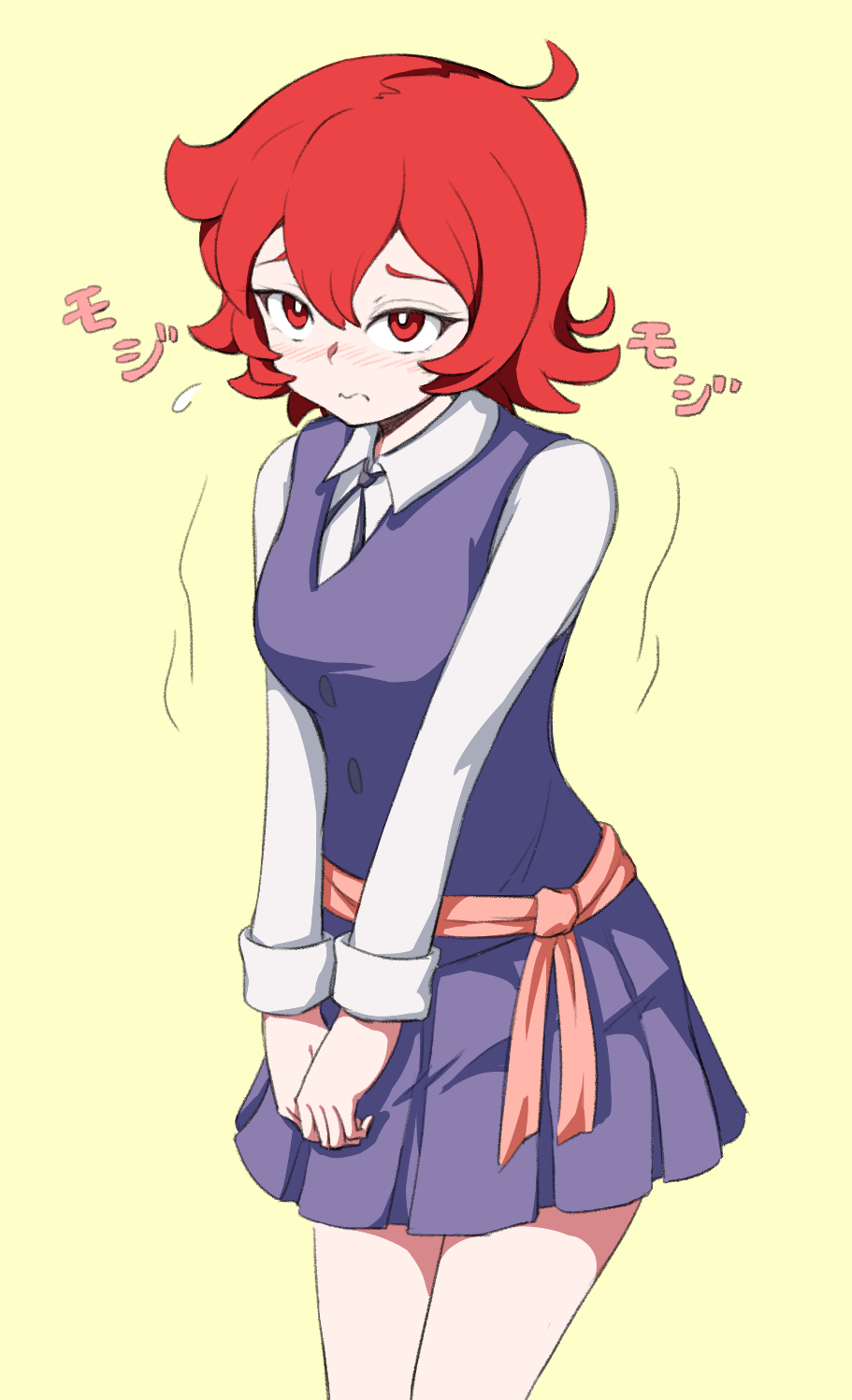 1girl, ahoge, blush, bright_pupils, collared_shirt, cowboy_shot, dress, embarrassed