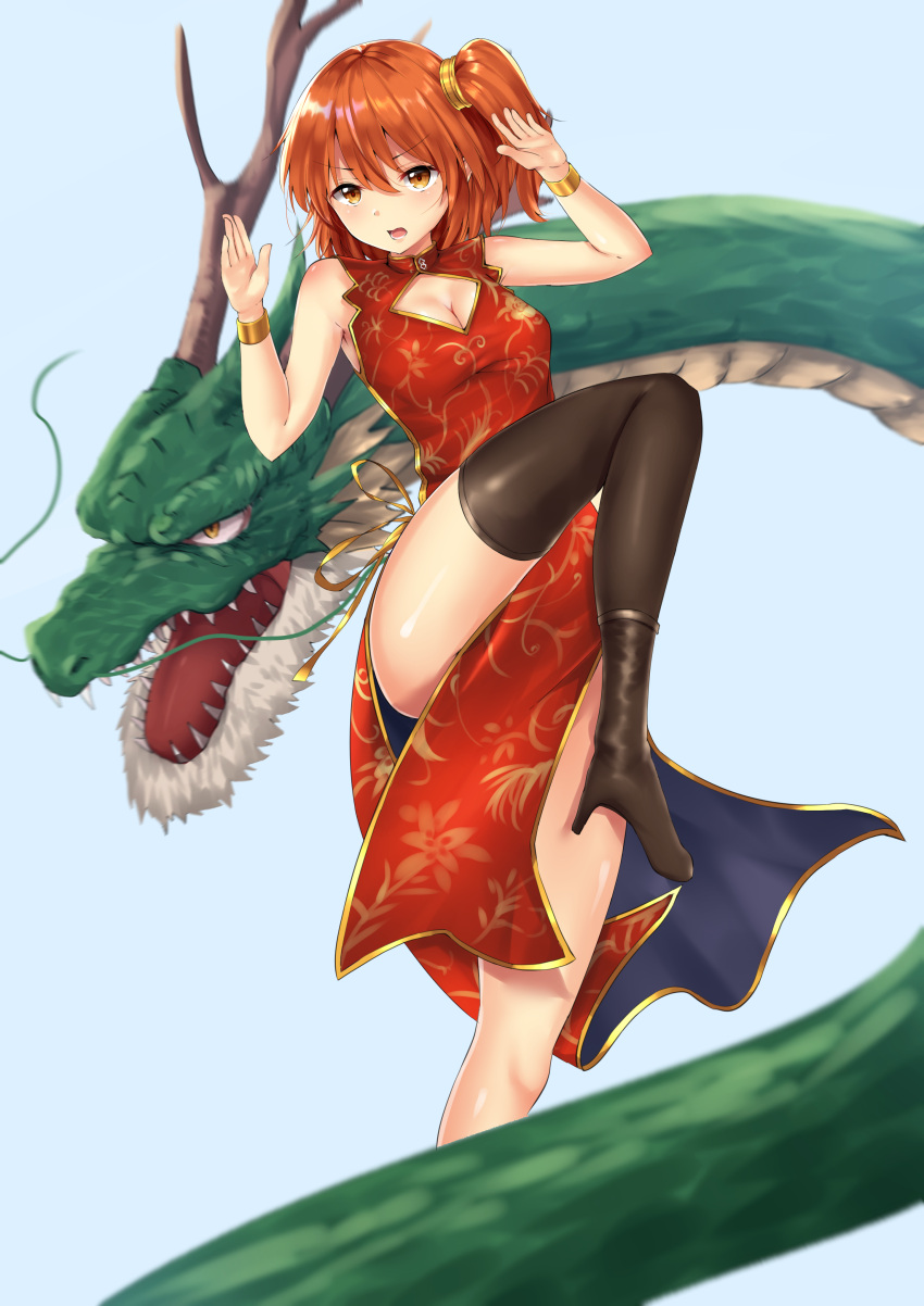 1girl, absurdres, black_legwear, breasts, china_dress, chinese_clothes, cleavage, dragon