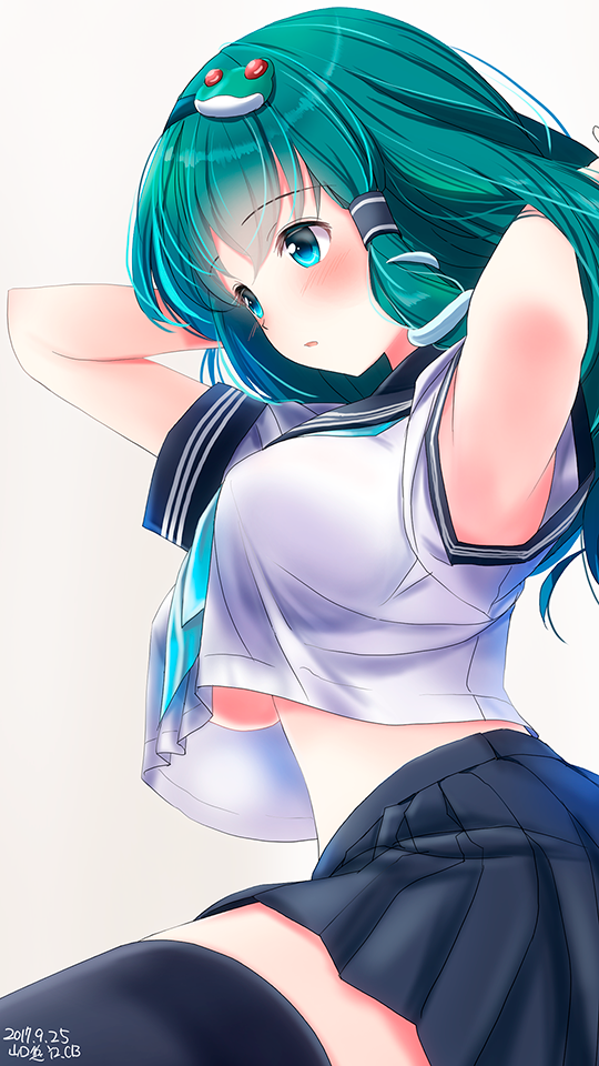 1girl, :o, adjusting_hair, alternate_breast_size, aqua_hair, armpit_peek, arms_up, black_legwear, black_skirt, blue_eyes, blue_hairband, blue_neckwear, blush, breasts, crop_top, crop_top_overhang, dated, frog_hair_ornament, grey_background, hair_ornament, hair_tubes, hairband, hand_in_hair, kochiya_sanae, large_breasts, long_hair, looking_away, neckerchief, no_bra, parted_lips, pleated_skirt, school_uniform, serafuku, shirt, short_sleeves, sidelocks, signature, simple_background, sitting, skirt, snake_hair_ornament, solo, tareme, thigh-highs, touhou, under_boob, up_sleeve, white_shirt, yamaguchi_yuu, zettai_ryouiki