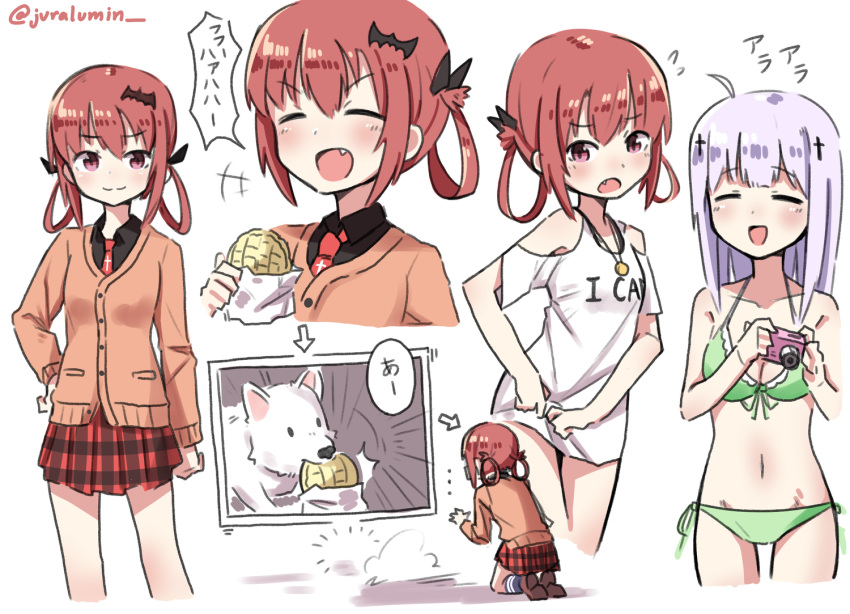 2girls, bat_hair_ornament, bikini, bread, food, gabriel_dropout, hair_ornament, hair_rings