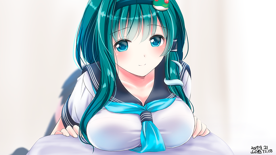 1girl, alternate_breast_size, alternate_costume, aqua_eyes, aqua_hair, artist_name, bangs, black_legwear