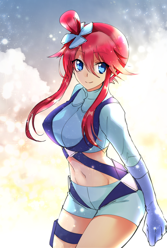 1girl, arm_at_side, blue_eyes, breasts, clenched_hand, closed_mouth, cowboy_shot, crop_top