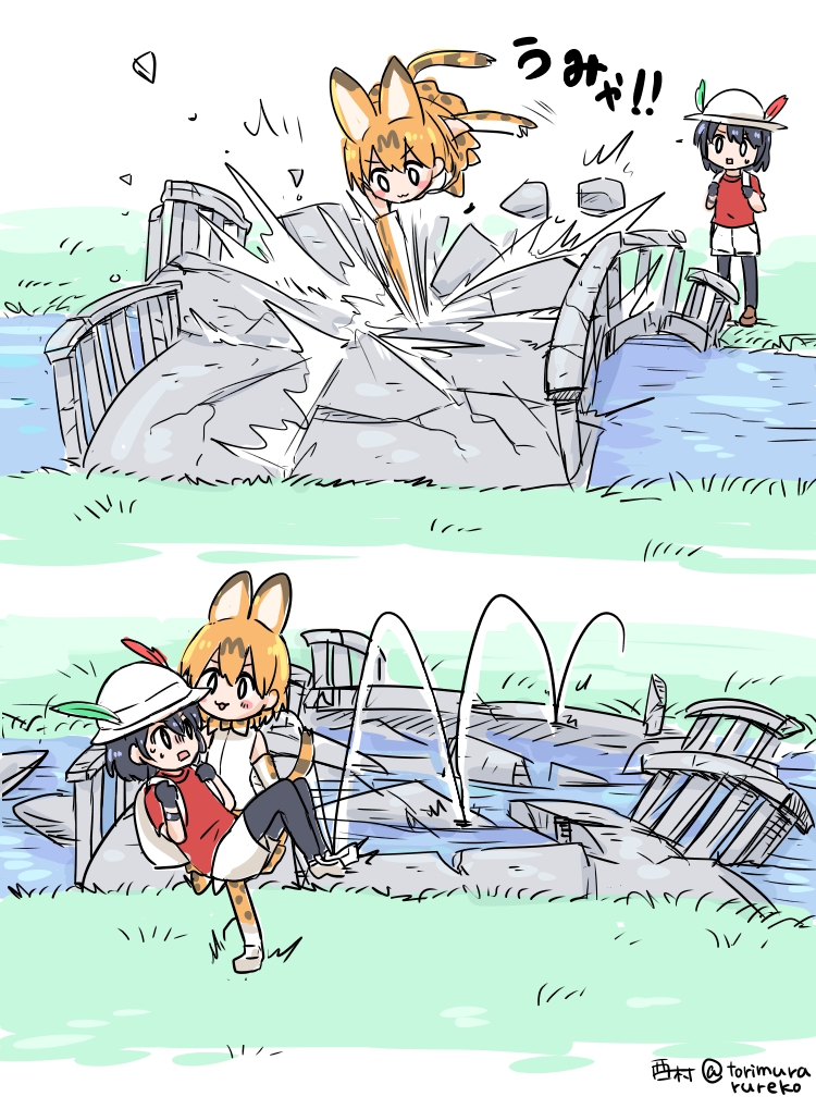 2girls, 2koma, :3, carrying, comic, destruction, kaban_(kemono_friends), kemono_friends