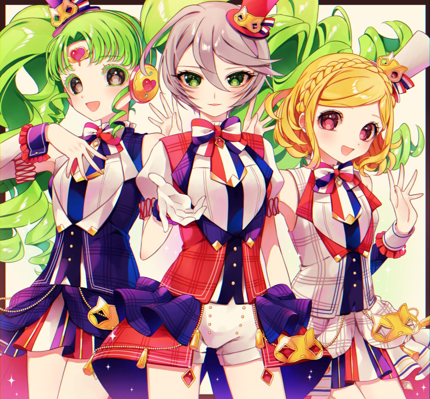 3girls, :d, bare_shoulders, black_eyes, blonde_hair, braid, chromatic_aberration, crown_braid