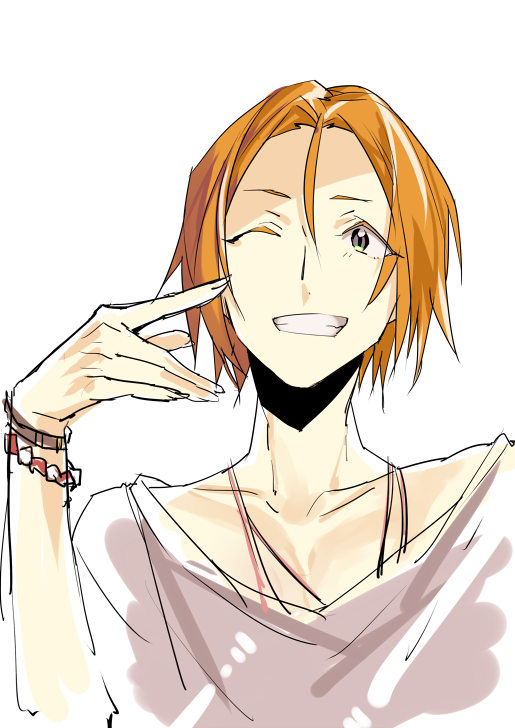 1boy, ;), alternate_hairstyle, bracelet, brown_eyes, collarbone, colored_eyelashes, grin, hair_between_eyes, jewelry, male_focus, namine_ritsu, one_eye_closed, orange_hair, short_hair, simple_background, sin_(hankotsu_bunny), smile, solo, upper_body, utau, white_background