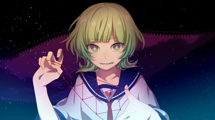 1girl, bangs, blunt_bangs, diamond-shaped_pupils, eyebrows_visible_through_hair, flipped_hair, green_eyes, green_hair, highres, nijimine_kakoi, sailor_collar, short_eyebrows, sky, smile, solo, star_(sky), starry_sky, string, symbol-shaped_pupils, toudou_charo, unzipped, upper_body, utau, zipper