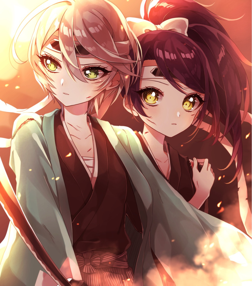 2girls, bangs, bow, brown_hair, don_(macaron_panda13), evening, fire, hair_between_eyes