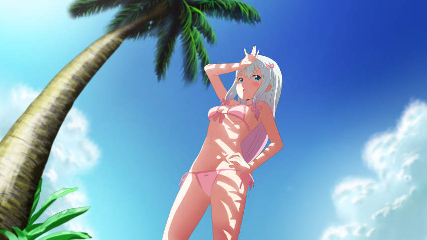 1girl, absurdres, bikini, blue_eyes, blue_sky, blush, bow, breasts