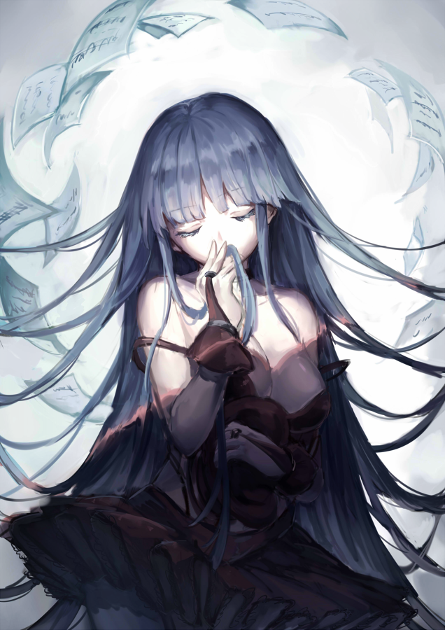 1girl, black_shirt, black_skirt, blue_hair, breasts, bridal_gauntlets, chariot.f, cleavage