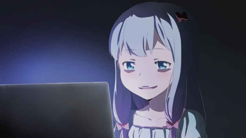 1girl, blue_eyes, blue_shirt, bow, collarbone, eromanga_sensei, eyebrows_visible_through_hair, fukuri