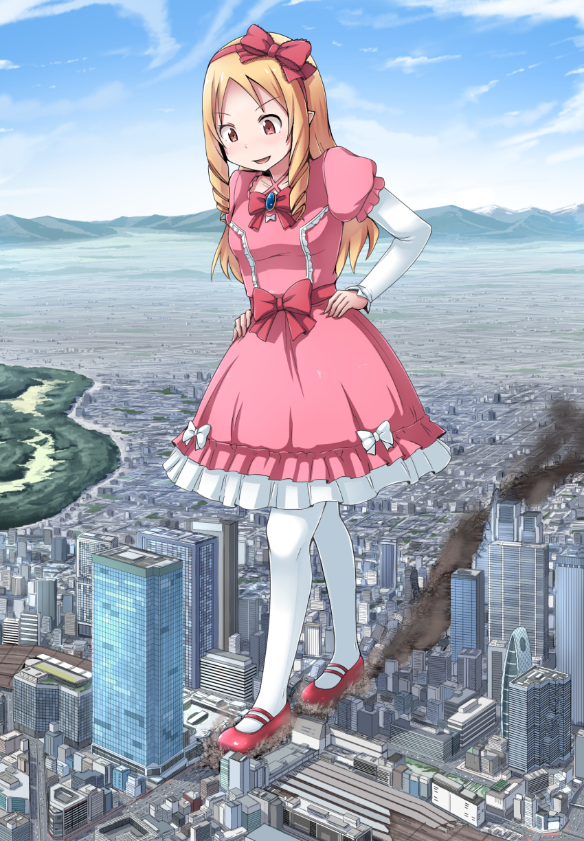 1girl, blonde_hair, bow, brown_eyes, building, city, clouds, day