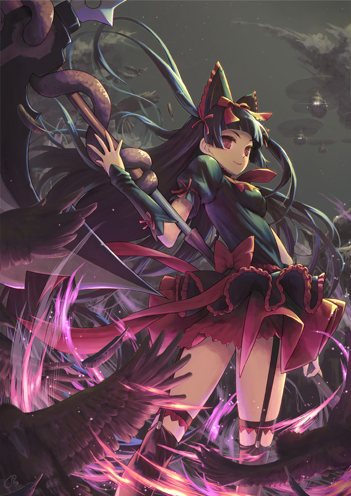 1girl, aircraft, bangs, bird, black_hair, blunt_bangs, crow, feathers