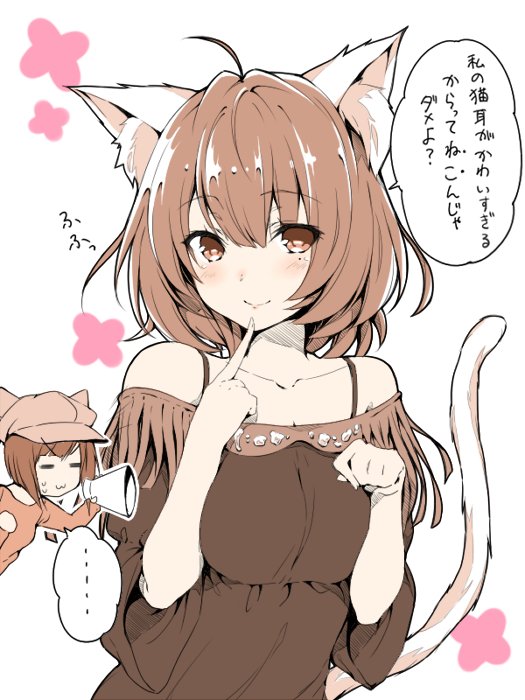 2girls, ahoge, animal_ears, bare_shoulders, blush, cat_ears, cat_tail, comic