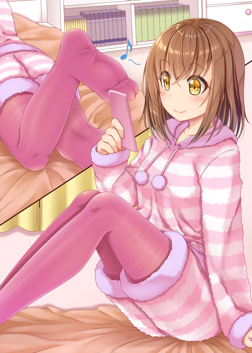 1girl, arm_at_side, ashida_machi, bed, bed_sheet, blush, book, brown_hair