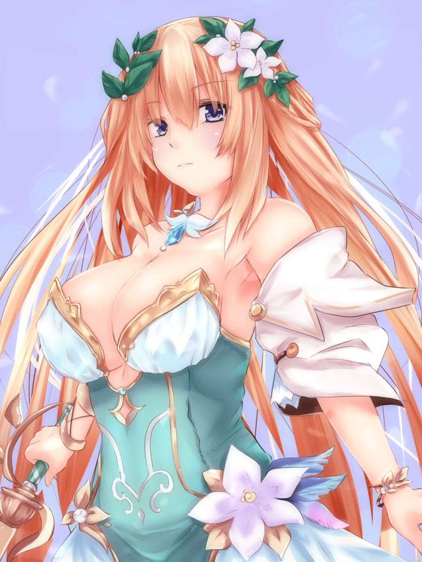 armpits, bare_shoulders, blonde_hair, blue_eyes, bracelet, breasts, cleavage, dress