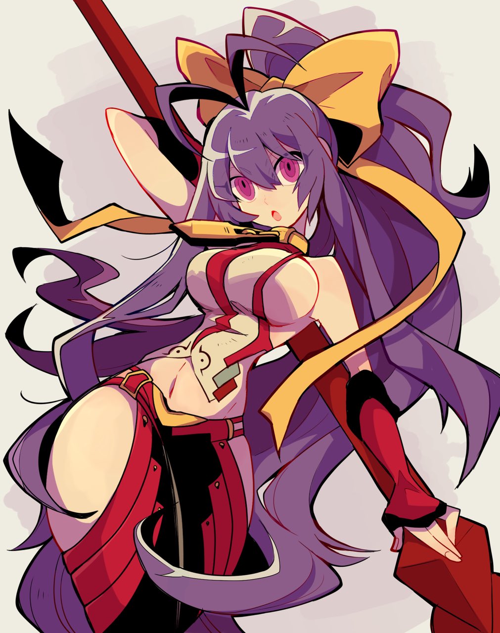 1girl, antenna_hair, arm_up, backless_outfit, bangs, bare_shoulders, black_pants, blazblue