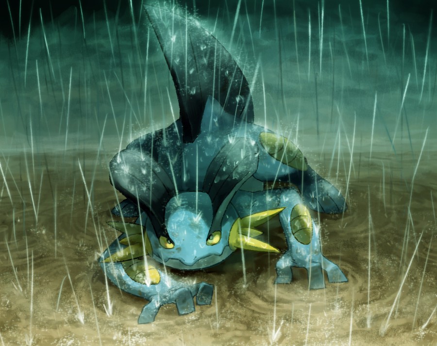 buttai, irima_(doron), no_humans, pokemon, pokemon_(creature), rain, solo, swampert