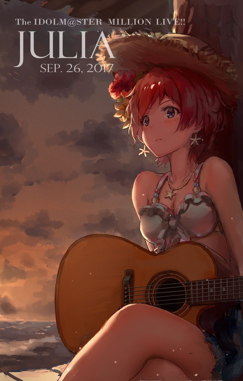 1girl, absurdres, acoustic_guitar, bare_arms, bare_shoulders, blue_eyes, blush, breasts